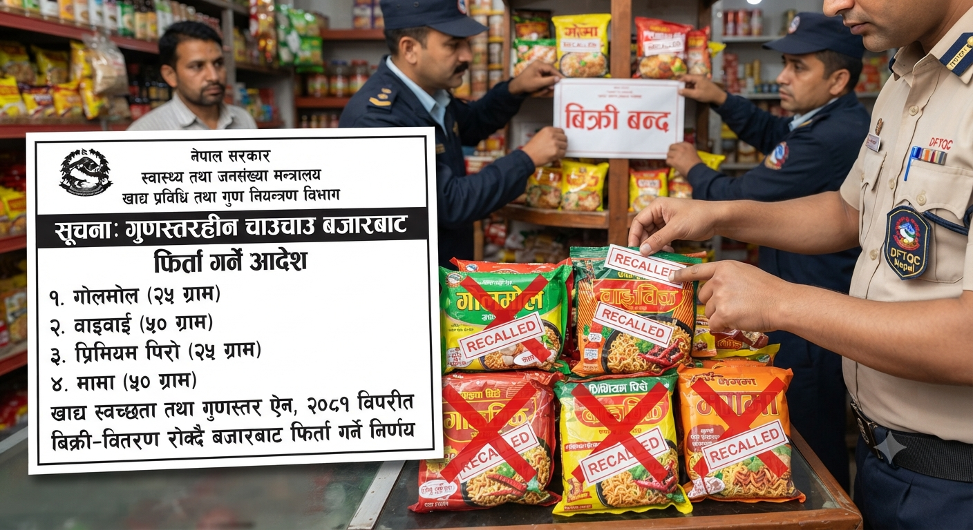 गुणस्तरहीन भेटिएपछि गोलमोल, वाइवाइ, प्रिमियम पिरो र मामा चाउचाउ बजारबाट फिर्ता गर्न सरकारको आदेश
